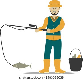 Professional Fisherman Character on White Background. Vector Illustration in Flat Style.