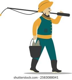 Professional Fisherman Character on White Background. Vector Illustration in Flat Style.