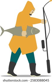 Professional Fisherman Character on White Background. Vector Illustration in Flat Style.