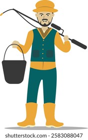 Professional Fisherman Character on White Background. Vector Illustration in Flat Style.