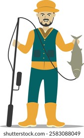 Professional Fisherman Character on White Background. Vector Illustration in Flat Style.