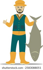 Professional Fisherman Character on White Background. Vector Illustration in Flat Style.