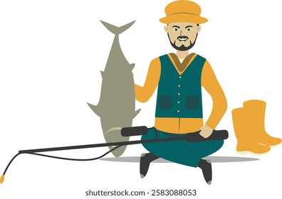 Professional Fisherman Character on White Background. Vector Illustration in Flat Style.