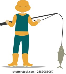 Professional Fisherman Character on White Background. Vector Illustration in Flat Style.