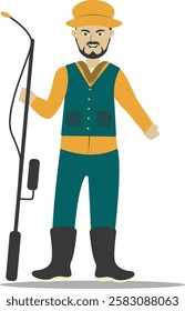 Professional Fisherman Character on White Background. Vector Illustration in Flat Style.