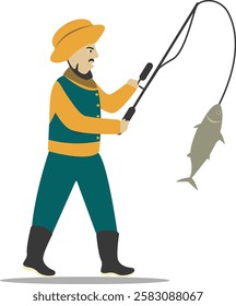 Professional Fisherman Character on White Background. Vector Illustration in Flat Style.