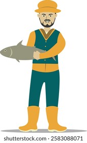 Professional Fisherman Character on White Background. Vector Illustration in Flat Style.