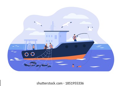 Professional fishermen working in vessel isolated flat vector illustration. Cartoon fishers catching fish and using net in ship. Commercial fishing industry concept