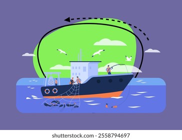 Professional fishermen working in vessel isolated flat vector illustration. Cartoon fishers catching fish and using net in ship. Commercial fishing industry concept