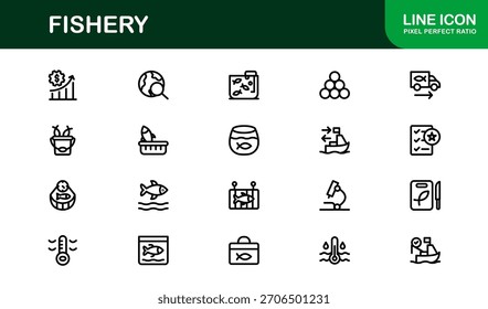 Professional Fishery Line Icon Set – Modern Minimalist Vector Symbols for Aquaculture, Fishing, and Seafood Industry
