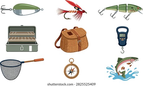 Professional fishing equipment and gear vector illustration set featuring lures, bait, tackle box, wicker creel basket, net, compass, digital scale, and trout fish