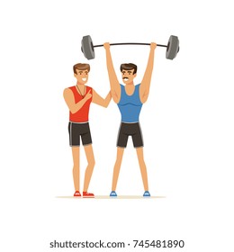 Professional fitness coach and bodybuilder man exercising with barbell, people exercising under control of personal trainer vector Illustration