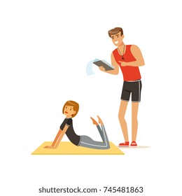Professional fitness coach with training plan and young woman doing fitness exercises on a mat, people exercising under control of personal trainer vector Illustration