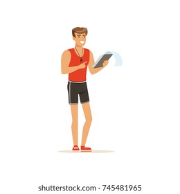 Professional fitness coach with training plan vector Illustration