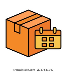 Professional flat colored icon showing package delivery box with calendar symbol representing scheduled shipping date, delivery planning, logistics timetable and order management.