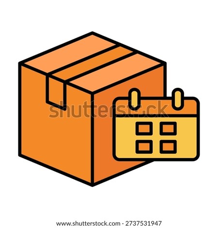 Professional flat colored icon showing package delivery box with calendar symbol representing scheduled shipping date, delivery planning, logistics timetable and order management.