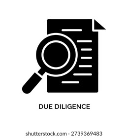 Professional flat design icon illustrating due diligence process with a magnifying glass examining documents for business analysis and decision-making.