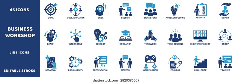 Professional flat design icons collection illustrating teamwork, goal setting, skill development, brainstorming, and collaboration for business presen
