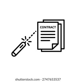 Professional flat design illustration of a hand signing a contract document with a pen, symbolizing legal agreement and business deal approval.