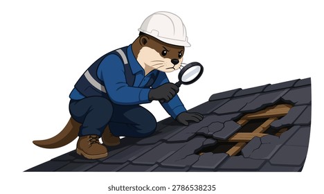 Professional flat design illustration of an otter mascot wearing a hard hat, inspecting a broken roof using a magnifying glass on a white background!