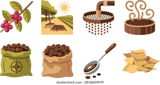 A professional flat design vector icon set illustrating the coffee manufacturing lifecycle from cherry harvesting to roasting. Ideal for organic coffee branding, cafe menus, agriculture infographics, and sustainable beverage packaging designs.