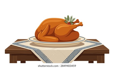 A professional flat design vector illustration of a golden-brown roasted turkey on a white ceramic plate. The turkey is garnished with green herbs and red cranberries, sitting on a dark wood table covered with a blue and white patterned cloth against a white background.