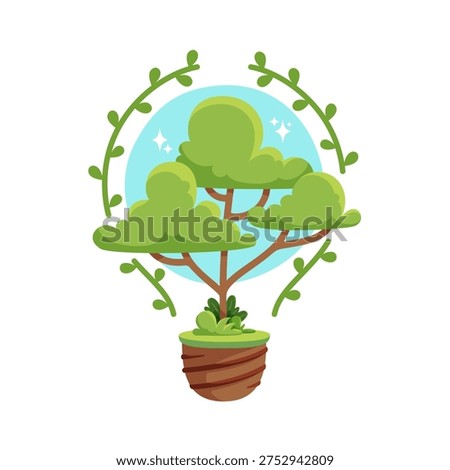 Professional flat design vector showing a full tree growing within a lightbulb structure, framed by green vines. This high-quality concept represents renewable energy and total ecological commitment. Ideal for sustainability reports, green business landing pages, or environmental campaigns. Scalable and easy to edit.