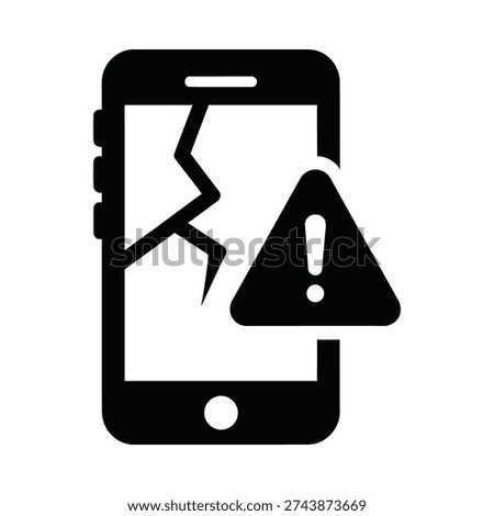 A professional flat icon of a broken smartphone featuring a jagged cracked screen and a warning triangle symbol. Ideal for depicting device repair, mobile errors, system failure, or hardware damage.