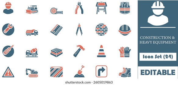 A professional flat icon set featuring essential construction and heavy equipment tools, perfect for industrial apps, safety guides, and project visuals.