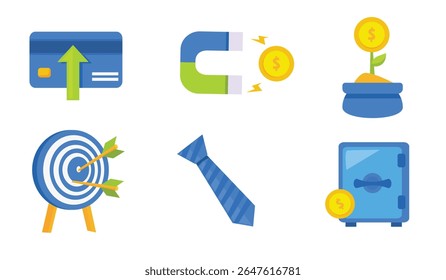 Professional flat icons including a credit card, secure vault, bullseye target, magnet, tie, plant, and pie chart for business leadership, security, and growth concepts
