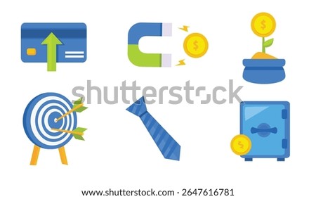Professional flat icons including a credit card, secure vault, bullseye target, magnet, tie, plant, and pie chart for business leadership, security, and growth concepts