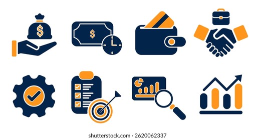 A professional flat pictogram-style icon set representing business management, finance tracking, productivity, and growth. Elements include wallet, money, analysis, goal, handshake, chart