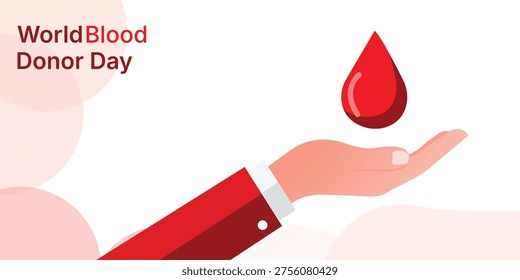 A professional flat vector banner for World Blood Donor Day featuring a human hand reaching out to a red blood drop. Clean, modern design with soft pink abstract shapes, perfect for medical posters, social media awareness, and blood drive advertisements.