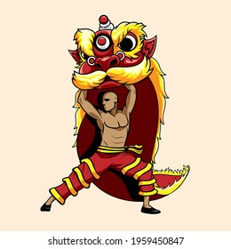 A professional flat vector character illustration of a traditional Chinese Lion Dance performer. The design features a muscular martial artist in red and yellow trousers holding a vibrant red lion head costume with golden fur and large expressive eyes. This high impact cultural graphic is ideal for Lunar New Year festival posters, martial arts school branding, and Asian heritage celebrations.