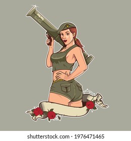 A professional flat vector character illustration of a vintage WW2 style pin up commando girl. The design features a confident woman in olive green military attire including a beret, crop top, and shorts holding a heavy rocket launcher bazooka over her shoulder. Wrapped in a parchment ribbon banner decorated with red roses, this high impact graphic is ideal for tactical apparel, nose art stickers, veteran memorabilia, and military themed gaming assets.