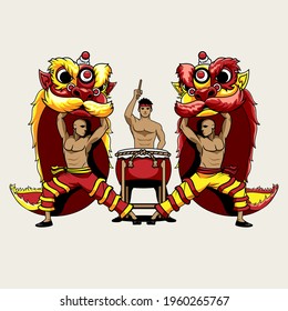 A professional flat vector character set featuring a traditional Chinese Lion Dance performance. The design includes two muscular martial artists holding vibrant red and yellow lion heads alongside a central drummer with a large ceremonial red drum. This high impact cultural graphic is ideal for Lunar New Year festival posters, Asian heritage events, martial arts school branding, and festive community celebration designs.