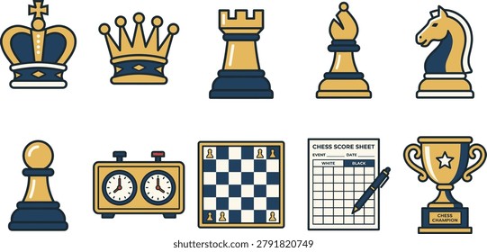 A professional flat vector collection of chess pieces and tournament accessories, including king, queen, rook, bishop, knight, pawn, chess clock, board, score sheet, and champion trophy. Ideal for chess clubs, educational materials, gaming projects, tournament branding, and strategy-themed designs.
