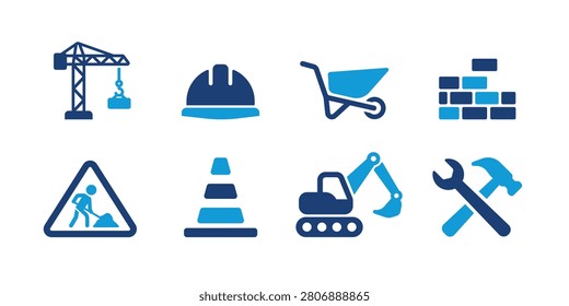 Professional flat vector collection of construction and building icons featuring tower crane, safety helmet, wheelbarrow, brick wall, roadwork sign, traffic cone, excavator, and repair tools. Perfect for construction companies, engineering firms, contractors, architecture websites, building services, mobile apps, dashboards, infographics, and industrial design projects.