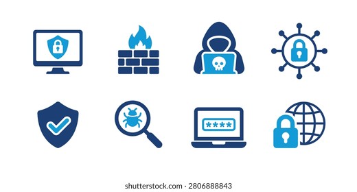 Professional flat vector collection of cyber security icons featuring firewall, hacker, secure monitor, password protection, malware detection, encrypted network, cybersecurity shield, and digital privacy symbols. Perfect for cybersecurity companies, IT services, SaaS platforms, security dashboards, mobile apps, websites, presentations, infographics, and UI design.