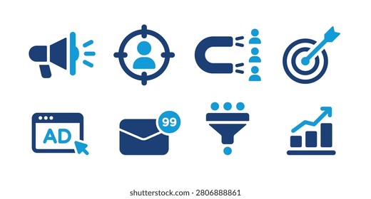 Professional flat vector collection of digital marketing icons featuring advertising, audience targeting, lead generation, campaign management, email marketing, sales funnel, business growth, and goal achievement symbols. Perfect for marketing agencies, SaaS platforms, CRM software, dashboards, presentations, websites, mobile apps, infographics, and UI design.