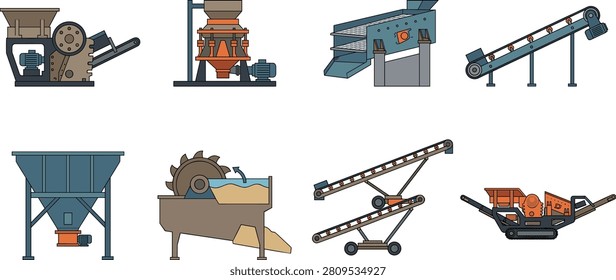 Professional flat vector collection of industrial mining and aggregate processing equipment, including crushers, vibrating screens, conveyor belts, hoppers, sand washers, and mobile crushing machines. Ideal for construction, quarrying, manufacturing, engineering, industrial infographics, technical documentation, and commercial design projects.
