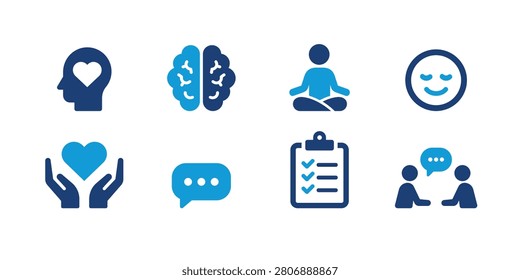 Professional flat vector collection of mental health and wellness icons featuring emotional wellbeing, brain health, meditation, mindfulness, self-care, counseling, therapy, mental health assessment, and psychological support symbols. Perfect for healthcare websites, psychology clinics, therapy services, wellness apps, meditation platforms, mental health campaigns, infographics, and UI design.