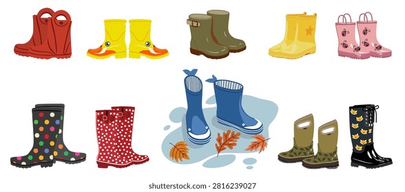 A professional flat vector collection of rubber boots in various shapes, colors, and designs: solid colors, polka dot patterns, animal prints ladybugs, foxes, and a pair of blue boots standing in a puddle with fallen autumn leaves. Perfect for autumn-themed designs, kids' apparel and accessories, scrapbooking, greeting cards, and rainy weather projects