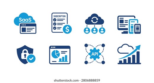 Professional flat vector collection of SaaS platform icons featuring cloud software, subscription billing, cloud synchronization, responsive applications, security, analytics dashboard, API integration, and business growth symbols. Perfect for SaaS products, cloud platforms, CRM systems, business software, startup websites, dashboards, mobile apps, infographics, and UI design.
