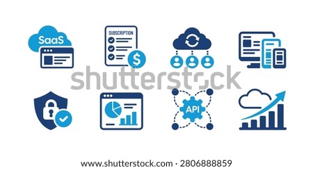 Professional flat vector collection of SaaS platform icons featuring cloud software, subscription billing, cloud synchronization, responsive applications, security, analytics dashboard, API integration, and business growth symbols. Perfect for SaaS products, cloud platforms, CRM systems, business software, startup websites, dashboards, mobile apps, infographics, and UI design.