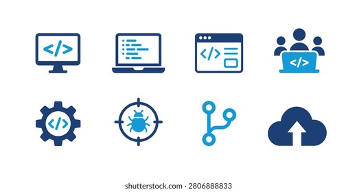 Professional flat vector collection of software development icons featuring coding, programming, web application development, developer collaboration, software engineering, debugging, API integration, version control, and cloud deployment symbols. Perfect for developer tools, software companies, SaaS platforms, IT websites, coding tutorials, dashboards, presentations, infographics, and UI design.