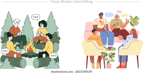 A professional flat vector conceptual illustration showcasing social communication, human connection, and group storytelling dynamics in two distinct settings. The left composition features an outdoor camping scene where four friends sit on wooden logs around a burning campfire, holding warm mugs and sharing stories surrounded by green pine trees. The right composition details an indoor living room gathering where diverse people relax on a pink sofa and comfortable armchairs, enjoying drinks, engaging in friendly conversation, and interacting near a potted houseplant. Colorful speech bubbles appear above the characters in both scenes to symbolize active dialogue, community bonding, and narrative sharing. This versatile graphic banner is perfectly designed for lifestyle blog headers, team building workshop presentations, mental health community portals, and social networking application interfaces.