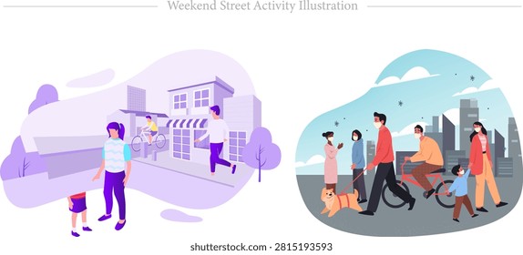 A professional flat vector conceptual illustration showcasing safe public health practices and active community life in an urban setting. The left composition features a young mother and daughter walking in a park near two-story townhouses and a person running, surrounded by purple and pink geometric background elements. The right composition details a bustling metropolitan street where diverse citizens are engaged in outdoor recreation while diligently wearing protective medical face masks. The scene includes a man walking his pet dog, a casual cyclist, and parents strolling with their young child against a modern skyscraper skyline under a blue cloudscape with virus particles in the air. This versatile vector art is perfectly tailored for municipal social awareness campaigns, healthcare lifestyle articles, corporate wellness program