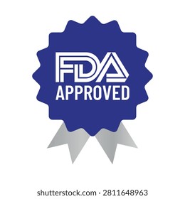 Professional flat vector FDA Approved ribbon badge featuring a premium award seal with decorative ribbons, symbolizing regulatory compliance, product safety, and quality assurance. Perfect for pharmaceutical products, medical devices, healthcare branding, cosmetics, dietary supplements, food packaging, certification labels, regulatory documentation, and promotional materials.