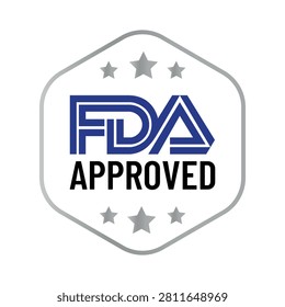 Professional flat vector FDA Approved badge featuring a modern hexagonal certification seal with stars and bold approval typography. Perfect for pharmaceutical products, medical devices, healthcare branding, cosmetics, dietary supplements, food packaging, regulatory compliance, quality assurance, certification labels, and promotional materials.